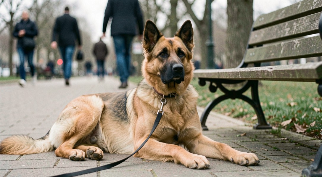 Kurzhaariger falbfarbener Belgischer Schäferhund mit schwarzer Maske, aufrecht dreieckigen Ohren und schlankem quadratischem Körperbau liegt aufmerksam an lockerer Leine neben einer Parkbank, im Hintergrund gehen unscharf Passanten vorbei